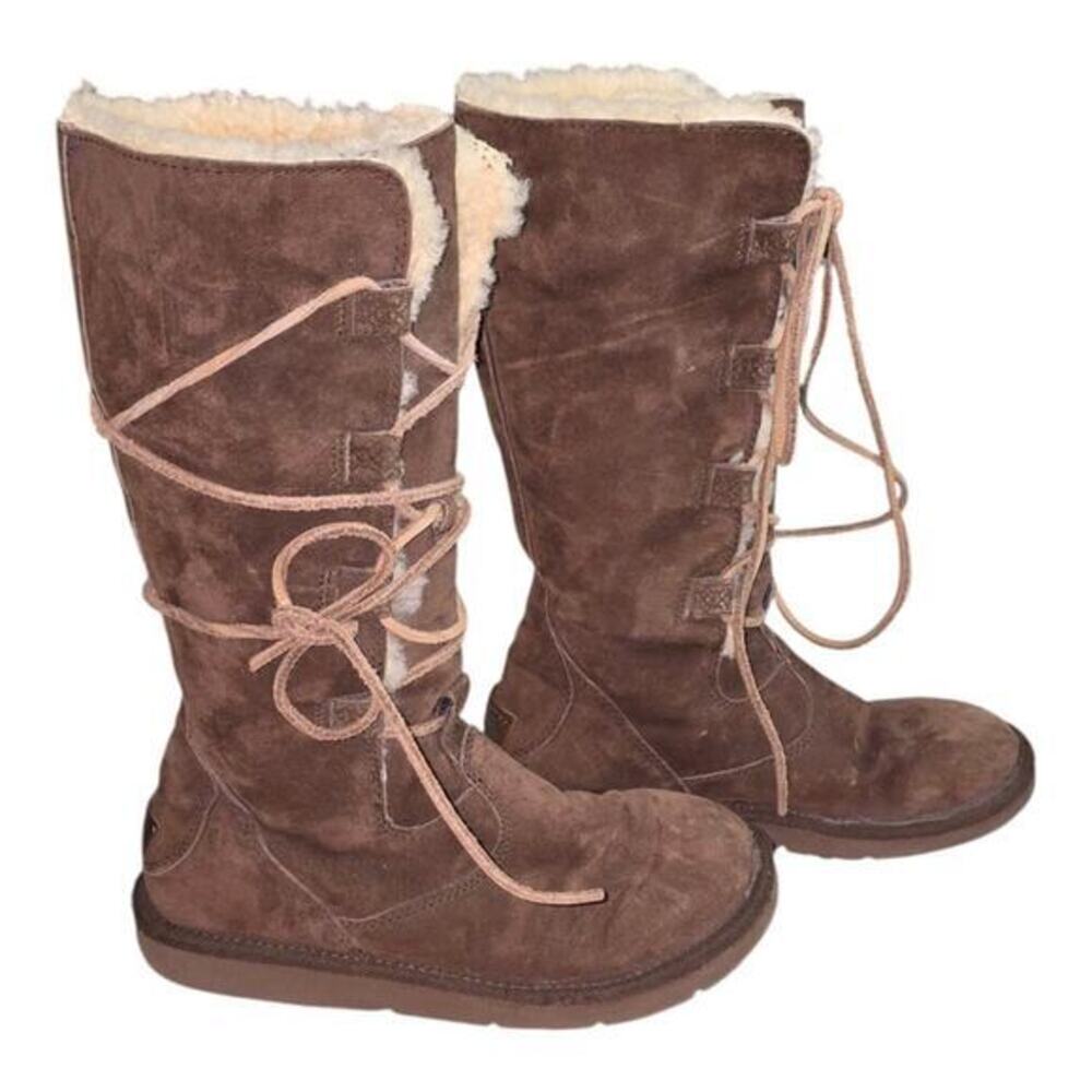 UGG Australia Sunburst Tall Boots Suede Shearling Lace Up Brown Women